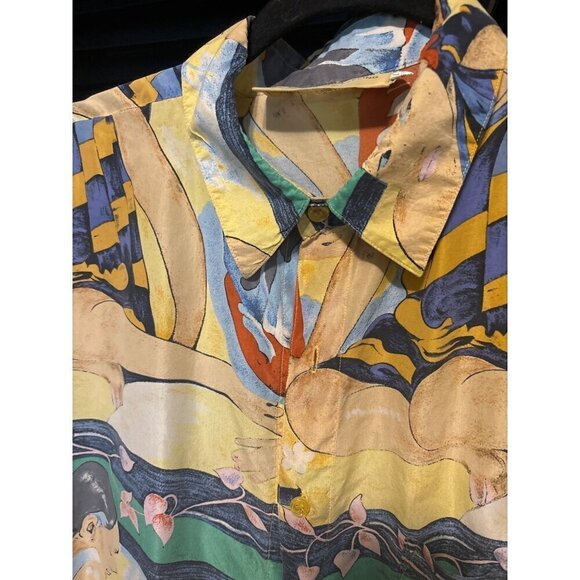 AS IS Silk Club Mens Graphic Shirt Polynesian Inspired Fabric Project Repurpose - Picture 3 of 14